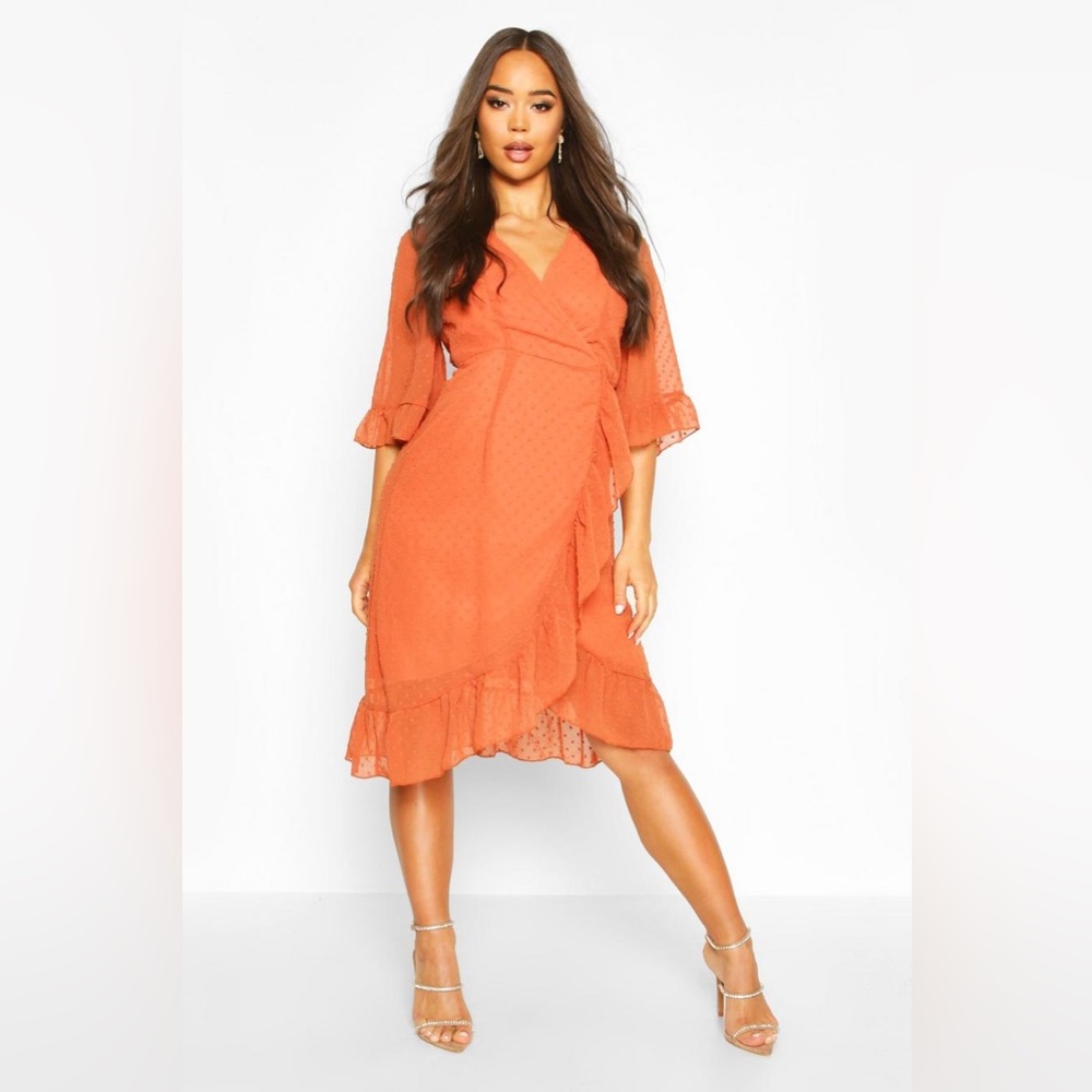 ✨Boohoo Donny Chiffon Wide Sleeve Midi Wrap Dress (8)